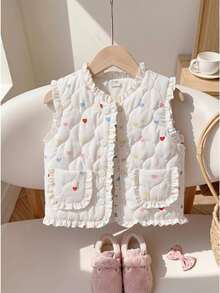 SHEIN Playful Pals 女嬰幼兒女童絎縫加厚背心，可愛甜美白色愛心荷葉邊無袖V領加厚派對款，秋冬生日女孩舒適公主風 - 彩色 - 查看 7