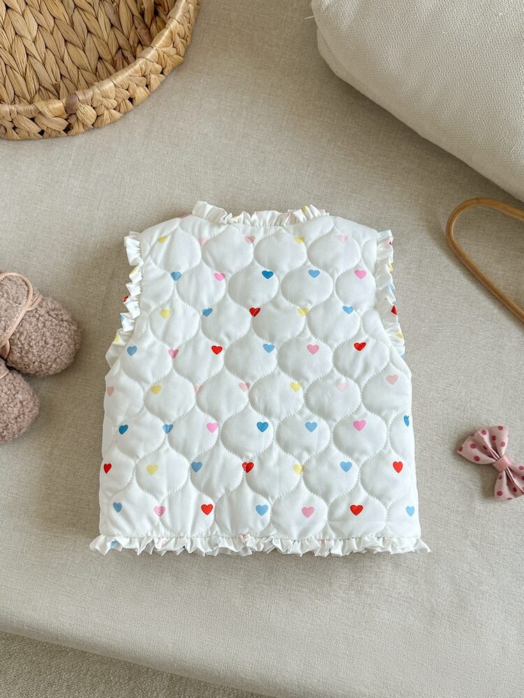 SHEIN Playful Pals Baby Girls Toddler Girl Quilted Padded Vest Cute Sweet White Heart Ruffle Frill Sleeveless V Neck Padded Party Fall Winter Birthday Girl Cozy Princess - Multicolor - View 2