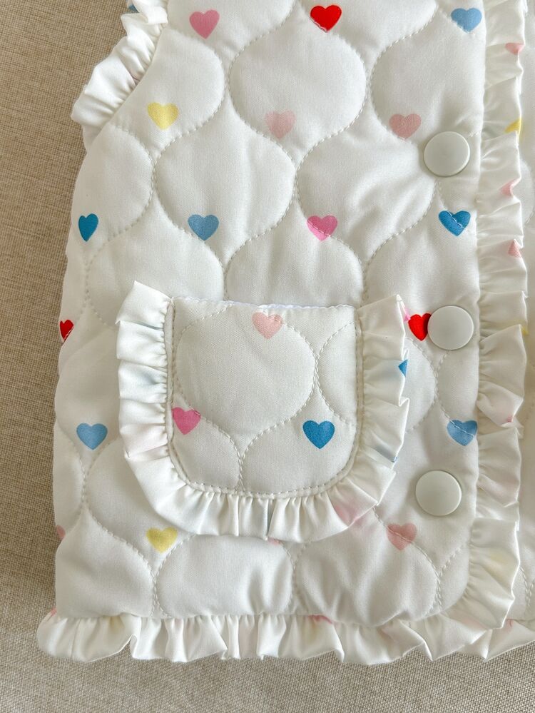 SHEIN Playful Pals Baby Girls Toddler Girl Quilted Padded Vest Cute Sweet White Heart Ruffle Frill Sleeveless V Neck Padded Party Fall Winter Birthday Girl Cozy Princess - Multicolor - View 5