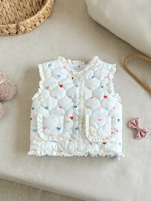 SHEIN Playful Pals 女嬰幼兒女童絎縫加厚背心，可愛甜美白色愛心荷葉邊無袖V領加厚派對款，秋冬生日女孩舒適公主風 - 彩色 - 查看 8