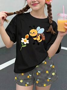 Tween Girl 兩件套休閒簡約卡通圖案短袖上衣與短褲套裝，適合 - 彩色 - 查看 1