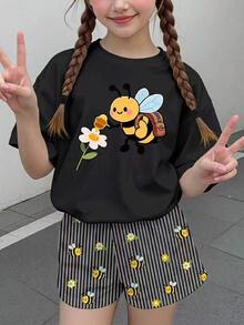 Tween Girl 兩件套休閒簡約卡通圖案短袖上衣與短褲套裝，適合 - 彩色 - 查看 2