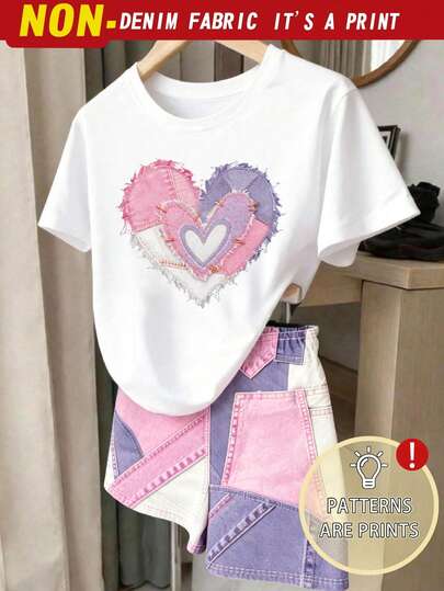 SHEIN Sparklyn 2pcs/Set Girls' Casual Cute White Hot Pink School Outfit,Heart Pattern Short Sleeve T-Shirt And Print Fitted Shorts,Children's Wear Career Summer