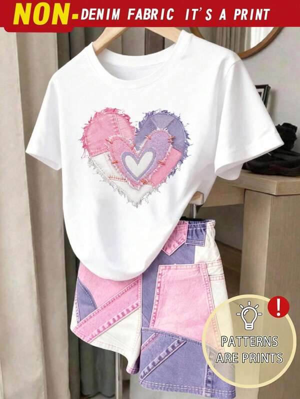 SHEIN Sparklyn ชุดเด็กผู้หญิงลำลองน่ารัก 2 ชิ้น/เซ็ต สีขาวและชมพูเข้ม สำหรับไปโรงเรียน เสื้อยืดแขนสั้นลายหัวใจและกางเกงขาสั้นพิมพ์ลายทรงเข้ารูป เสื้อผ้าเด็กฤดูร้อน