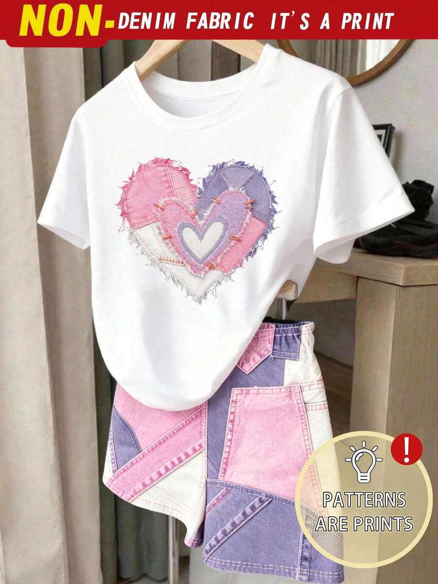 SHEIN 2件組女童休閒可愛白色與亮粉色校園套裝,愛心圖案短袖T恤搭配印花修身短褲,兒童夏季服飾 - 白色 - 查看 1