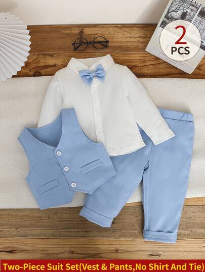 SHEIN 2pcs Baby Boy Gentleman Suit Includes Vest And Trousers,Blue Summer Elegant Wedding Clothes For Birthday Party Stage Performance Family Outfit