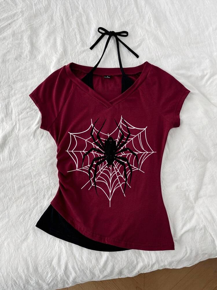 Attitoon Women's Casual Retro Colorblock 2 In 1 Spider Graphic V-Neck Halter Tie Short Sleeve T-Shirt, Suitable For Summer - Multicolor - View 3