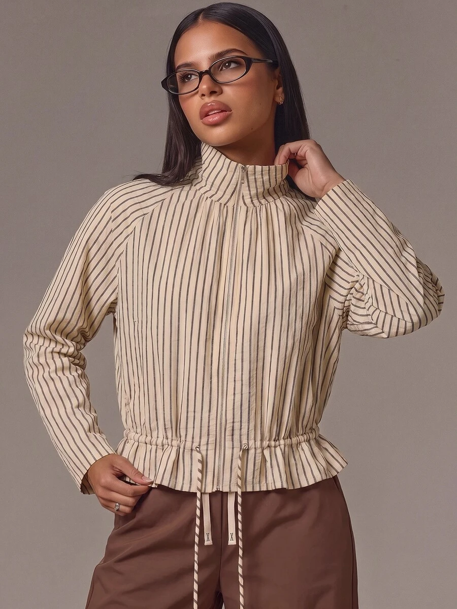 Athîral Women's Red And White Stripe Jacket, High Neck, Long Raglan Sleeves, Drawstring Waist, Ruffle Hem, Loose Casual French Fit, Autumn, Everyday, Travel - Apricot - View 1