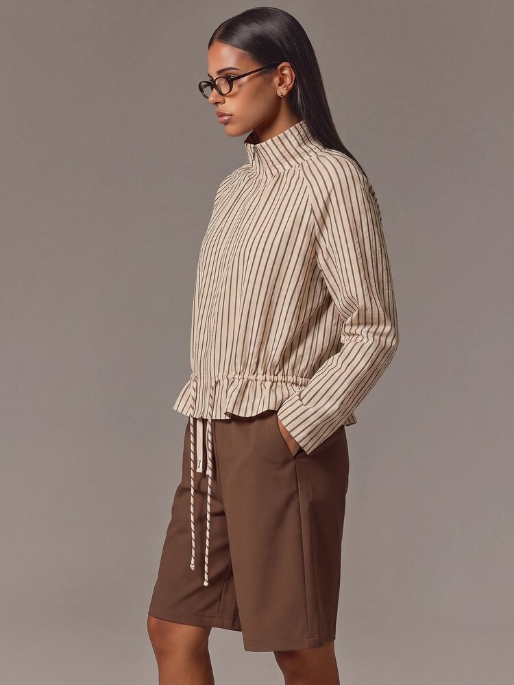 Athîral Women's Red And White Stripe Jacket, High Neck, Long Raglan Sleeves, Drawstring Waist, Ruffle Hem, Loose Casual French Fit, Autumn, Everyday, Travel - Apricot - View 5