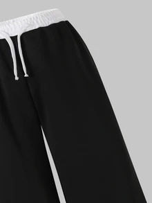 SHEIN 青少年休閒都市風保暖內裡針織直筒運動長褲，秋冬款 - 黑色 - 查看 4