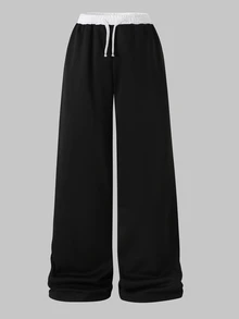 SHEIN 青少年休閒都市風保暖內裡針織直筒運動長褲，秋冬款 - 黑色 - 查看 5