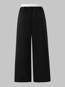 SHEIN 青少年休閒都市風保暖內裡針織直筒運動長褲，秋冬款 - 黑色 - 查看 2