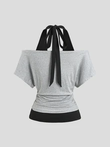 Sweetra Women's Halter 2 In 1 Short Sleeve Top, Casual Versatile Style For Daily Wear - Light Grey - View 2