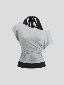 Sweetra Women's Halter 2 In 1 Short Sleeve Top, Casual Versatile Style For Daily Wear - Light Grey - View 3
