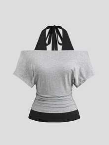 Sweetra Women's Halter 2 In 1 Short Sleeve Top, Casual Versatile Style For Daily Wear - Light Grey - View 1