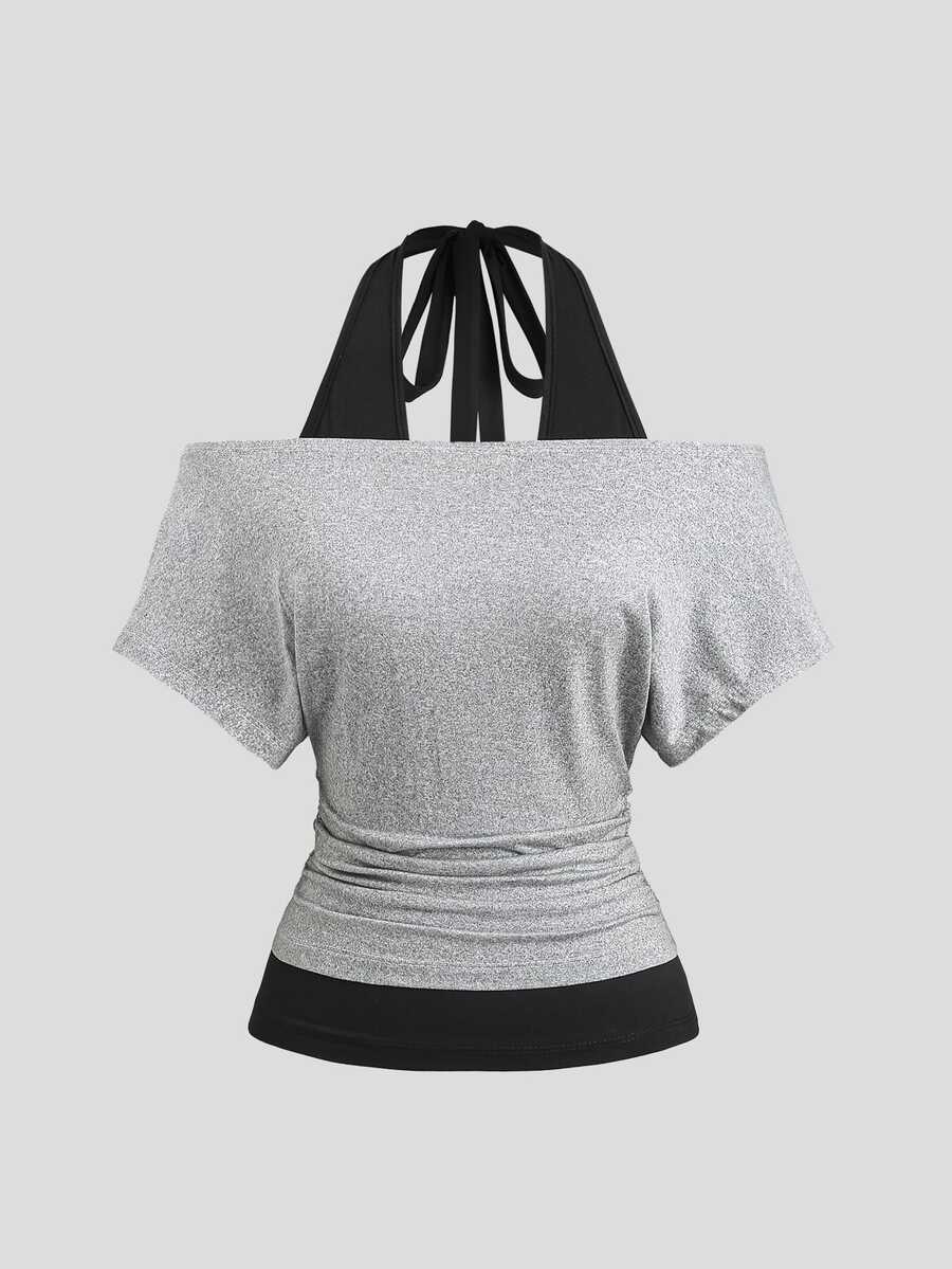 Sweetra Women's Halter 2 In 1 Short Sleeve Top, Casual Versatile Style For Daily Wear - Light Grey - View 1