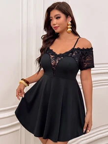 Femmeverse Plus Size Women Spring/Summer Fashion Elegant Off-Shoulder V-Neck Lace Trim Patchwork Short Sleeve Knit Blouse - Black - View 6