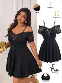 Femmeverse Plus Size Women Spring/Summer Fashion Elegant Off-Shoulder V-Neck Lace Trim Patchwork Short Sleeve Knit Blouse - Black - View 7