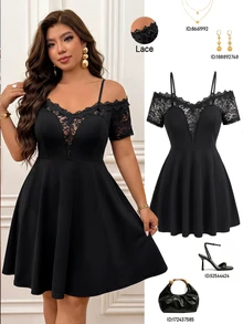 Femmeverse Plus Size Women Spring/Summer Fashion Elegant Off-Shoulder V-Neck Lace Trim Patchwork Short Sleeve Knit Blouse - Black - View 1