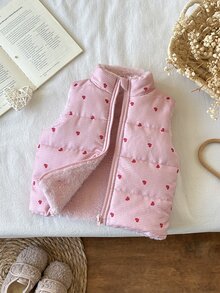SHEIN Vintaside Kids 女嬰 0-3歲 1件裝 秋冬可愛風愛心印花保暖無袖抓絨內裡背心 - 粉色 - 查看 5