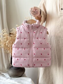 SHEIN Vintaside Kids 女嬰 0-3歲 1件裝 秋冬可愛風愛心印花保暖無袖抓絨內裡背心 - 粉色 - 查看 9