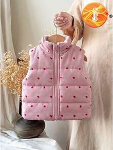 SHEIN Vintaside Kids 女嬰 0-3歲 1件裝 秋冬可愛風愛心印花保暖無袖抓絨內裡背心 - 粉色 - 查看 10