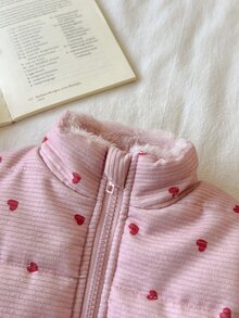 SHEIN Vintaside Kids 女嬰 0-3歲 1件裝 秋冬可愛風愛心印花保暖無袖抓絨內裡背心 - 粉色 - 查看 6