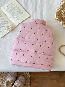 SHEIN Vintaside Kids 女嬰 0-3歲 1件裝 秋冬可愛風愛心印花保暖無袖抓絨內裡背心 - 粉色 - 查看 4