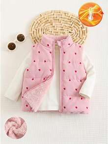 SHEIN Vintaside Kids 女嬰 0-3歲 1件裝 秋冬可愛風愛心印花保暖無袖抓絨內裡背心 - 粉色 - 查看 3