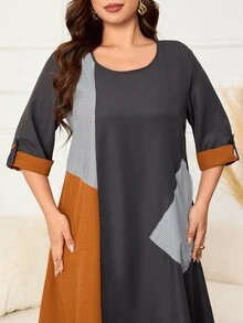 Lacomfia Gaun Musim Panas Bergaris Patchwork Ukuran Plus untuk Wanita - Grey - View 3