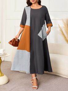 Lacomfia Gaun Musim Panas Bergaris Patchwork Ukuran Plus untuk Wanita - Grey - View 4