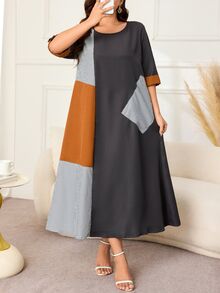 Lacomfia Gaun Musim Panas Bergaris Patchwork Ukuran Plus untuk Wanita - Grey - View 5