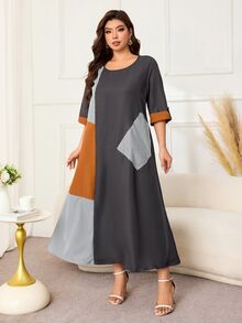 Lacomfia Gaun Musim Panas Bergaris Patchwork Ukuran Plus untuk Wanita - Grey - View 8