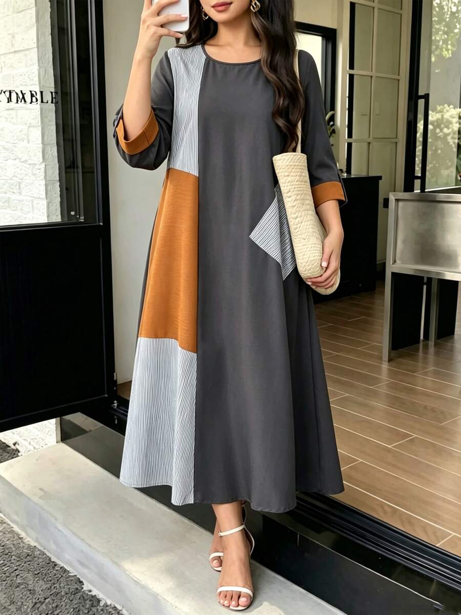 Lacomfia Gaun Musim Panas Bergaris Patchwork Ukuran Plus untuk Wanita - Grey - View 1