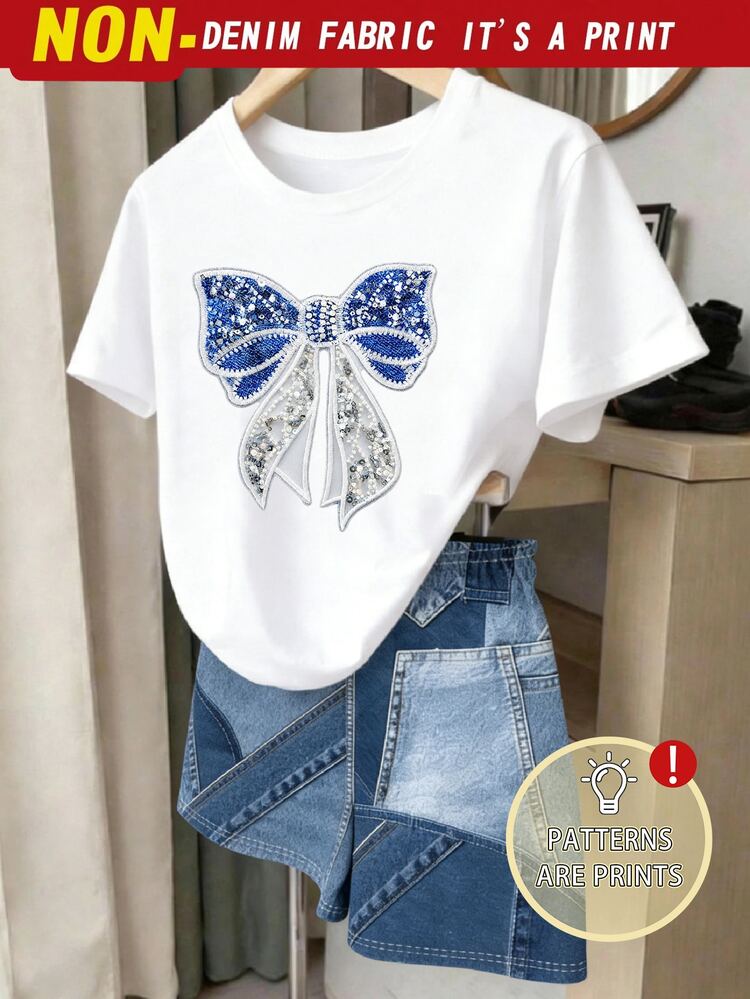 SHEIN Tween Girls Digital Diamond Pattern Short Sleeve & Shorts Set, Casual Comfortable Autumn/Winter Outfit,Back To Schoo,Holidays,Colorful - White - View 1