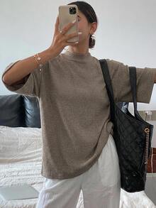 Livesso 女款寬鬆休閒商務純色極簡短袖T恤，灰褐色，春夏日常居家穿著 - 卡其色 - 查看 8