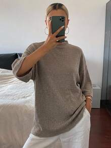 Livesso 女款寬鬆休閒商務純色極簡短袖T恤，灰褐色，春夏日常居家穿著 - 卡其色 - 查看 6