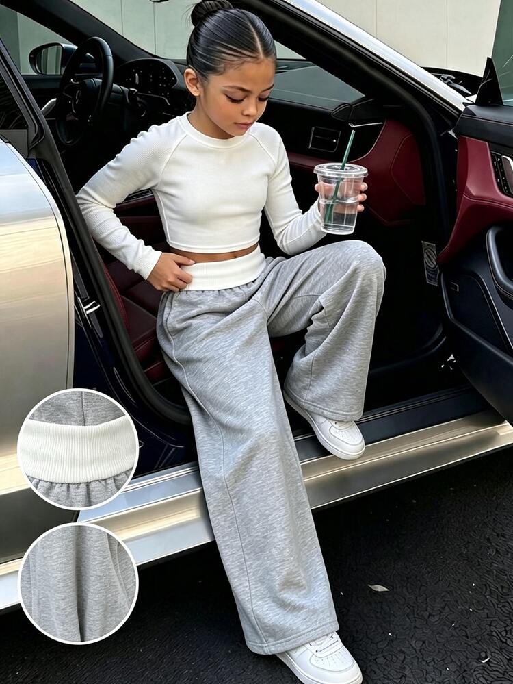 SHEIN Tween Girls Casual Urban Outdoor Knit Straight Leg Sweatpants, Spring Autumn - Light Grey - View 1