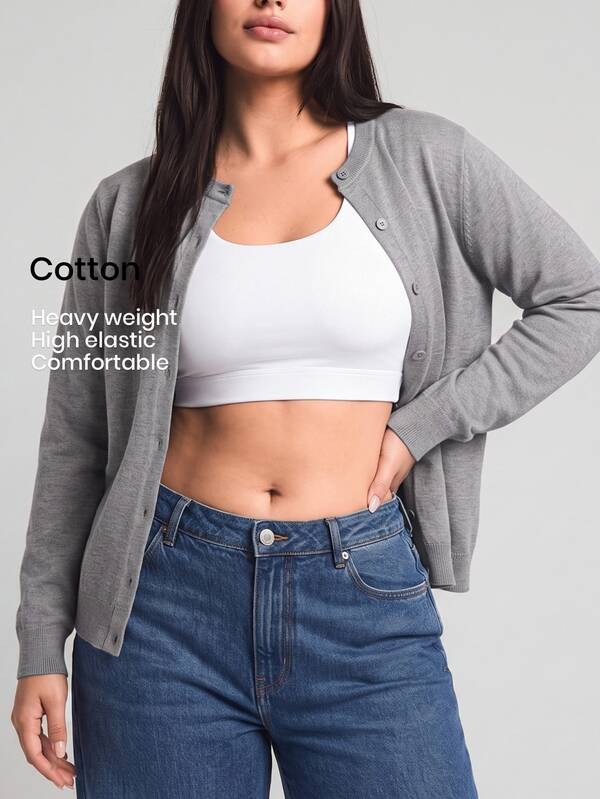 YARNWELL Cardigan de talla grande para mujer de color liso, abotonado sencillo, casual y versátil para uso diario