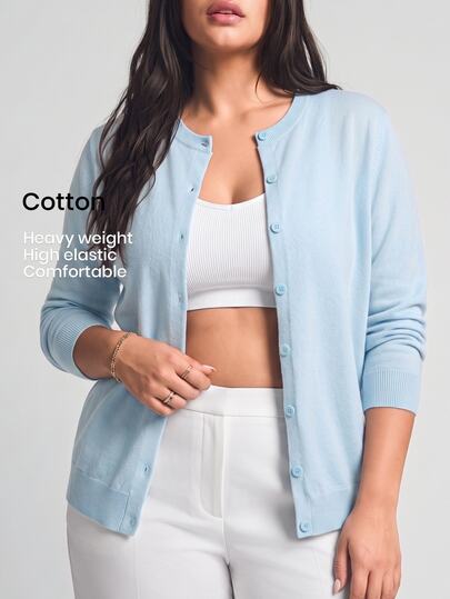 YARNWELL Damen Große Größen Einfarbig Langarm Einreihig Lässig Dünne Strickjacke