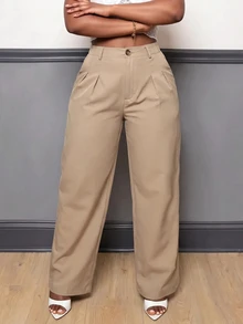 Slaydiva Pantalones rectos unicolor con bolsillo oblicuo - Caqui - Ver 2