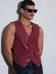 FeverCity Men's Non-Stretch PU Material Button Vest Jacket Fashion - Red - View 6