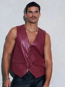FeverCity Men's Non-Stretch PU Material Button Vest Jacket Fashion - Red - View 2