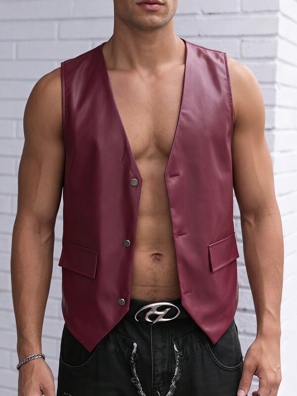 FeverCity Men's Non-Stretch PU Material Button Vest Jacket Fashion