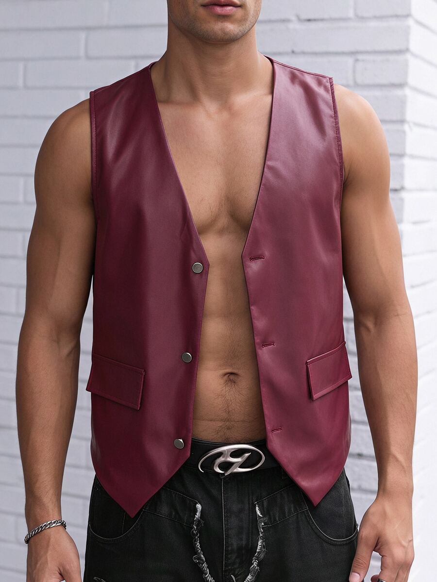FeverCity Men's Non-Stretch PU Material Button Vest Jacket Fashion - Red - View 1