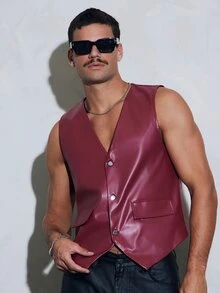 FeverCity Men's Non-Stretch PU Material Button Vest Jacket Fashion - Red - View 4
