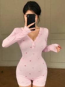 DAZY 碎花V領長袖連身衣，適合春、夏、秋季，女款居家休閒套裝 - 粉色 - 查看 4