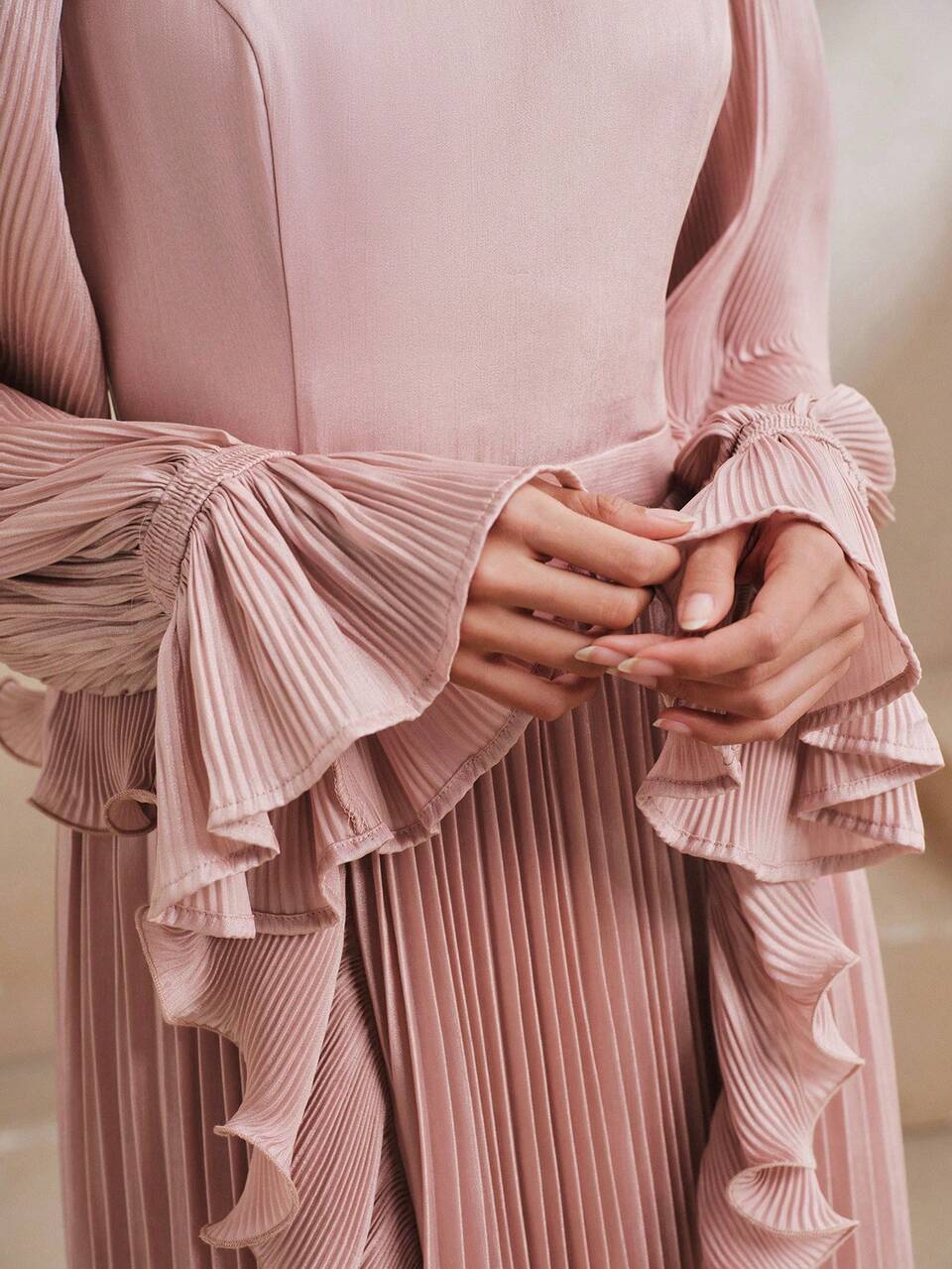 Spring/Autumn Elegant Romantic Pleated 3D Ruffle Flowy Fabric Long Sleeve Pink Women's Long Dress, Suitable For Banquets, Parties, Weddings