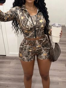 Slaydiva 女款秋季運動街頭休閒套裝：拉鍊立領修身長袖T恤外套、無袖短版上衣、短褲，健身運動灰色迷彩 - 彩色 - 查看 2