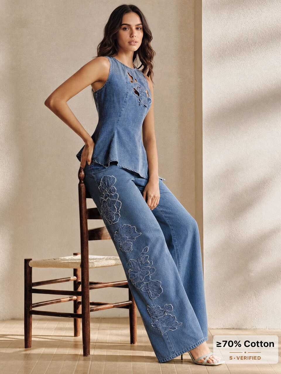 Anewsta Four-Season Commute Work Outfits For Women, High-Waist Straight-Leg Side Floral Embroidered Blue Denim Pants, Suitable For Commuting, Dates And Outings